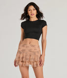 The Darling Dreamer High-Rise Lace Mini Skirt is a trendy women's bottom in tan, designed with modern details and alluring textures to complete chic outfits for 2025.