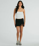 The Made Ya Wink Mid-Rise Ruffle Mini Skirt is a trendy women's bottom in black, designed with modern details and alluring textures to complete chic outfits for 2025.