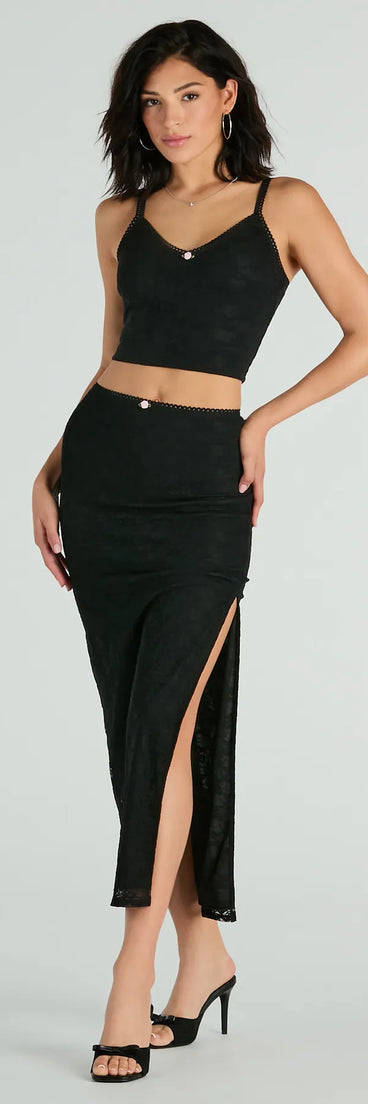 Effortlessly create party outfits or vacation-ready looks with the Alluring Dream High-Rise Lace Rosette Maxi Skirt, one part of a versatile women's black matching set perfect for quick and easy outfit combinations from layering chic outfits to transitioning your look seamlessly.