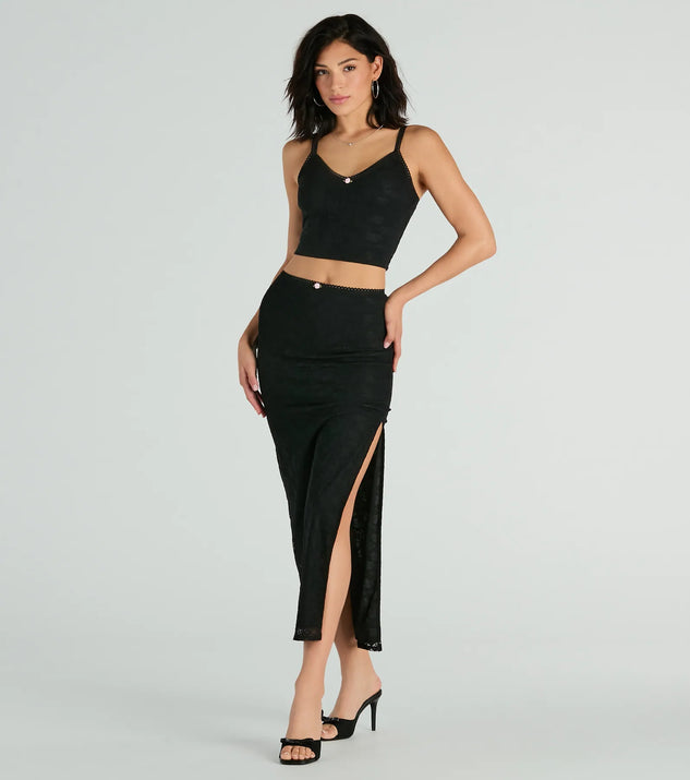 Effortlessly create party outfits or vacation-ready looks with the Alluring Dream High-Rise Lace Rosette Maxi Skirt, one part of a versatile women's black matching set perfect for quick and easy outfit combinations from layering chic outfits to transitioning your look seamlessly.