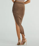 The Social Girlie High Rise Slit Midi Skirt is a trendy women's bottom in mocha brown, designed with modern details and alluring textures to complete chic outfits for 2025.