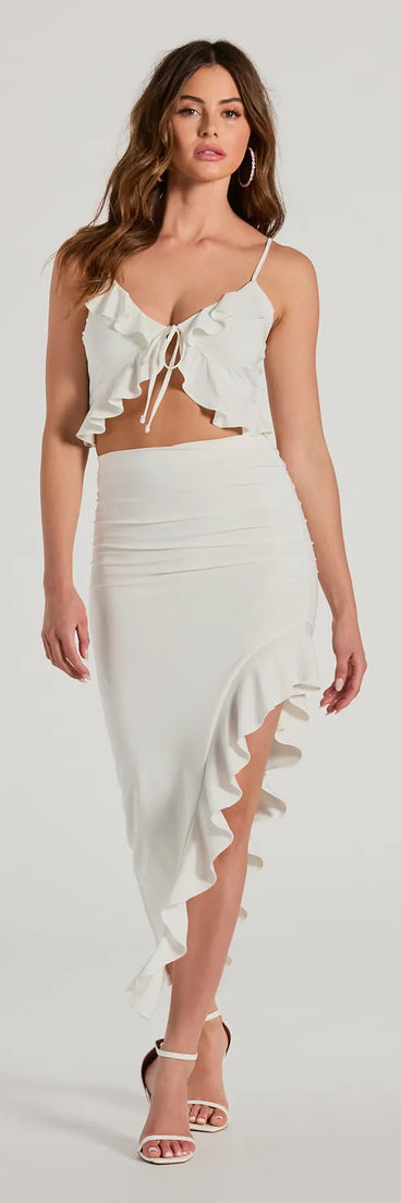 Effortlessly create party outfits or vacation-ready looks with the Flirty Moves Ruffled Slit Knit Midi Skirt, one part of a versatile women's white matching set perfect for quick and easy outfit combinations from layering chic outfits to transitioning your look seamlessly.