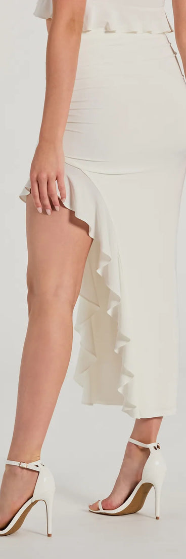 The Flirty Moves Ruffled Slit Knit Midi Skirt is a trendy women's bottom in white, designed with modern details and alluring textures to complete chic outfits for 2025.