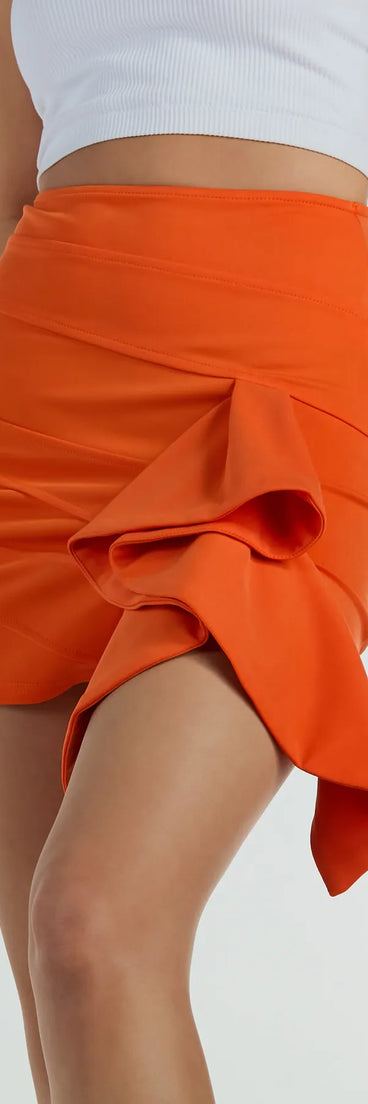 Style your day-to-night fall looks effortlessly in this skirt featuring the Iconic Moves Ruffled Ponte Knit Mini Skirt.