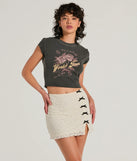 The Bound To Charm High-Rise Texture Lace Bow Mini Skirt in ivory brings edge and energy to your vibe, ready to elevate any festival look or concert outfit.