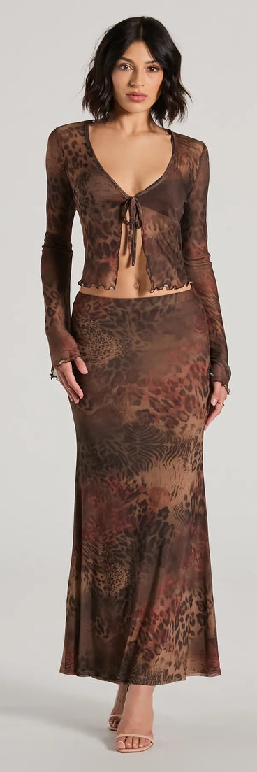 Effortlessly create party outfits or vacation-ready looks with the Wildy Sultry High Rise Leopard Floral Maxi Skirt, one part of a versatile women's brown matching set perfect for quick and easy outfit combinations from layering chic outfits to transitioning your look seamlessly.