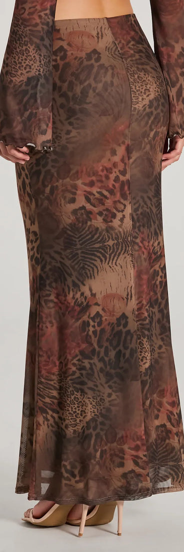 The Wildy Sultry High Rise Leopard Floral Maxi Skirt is a trendy women's bottom in brown, designed with modern details and alluring textures to complete chic outfits for 2025.