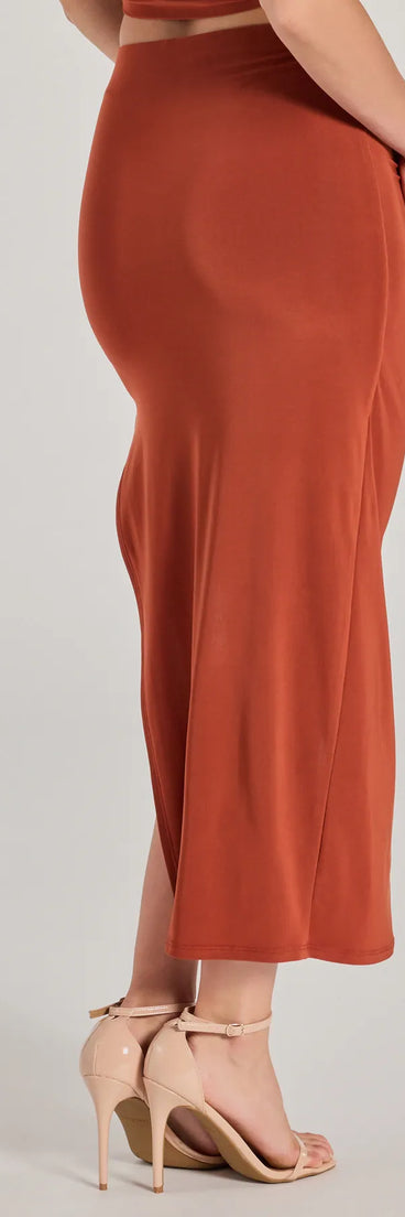 Look instantly put-together in the The One High-Rise Slit Maxi Skirt, part of a matching rust clothing set designed for chic, no-fuss fall outfits.