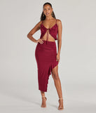 Effortlessly create party outfits or vacation-ready looks with the Flirty Moves Ruffled Slit Knit Midi Skirt, one part of a versatile women's burgundy matching set perfect for quick and easy outfit combinations from layering chic outfits to transitioning your look seamlessly.