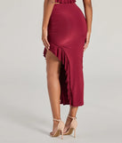 The Flirty Moves Ruffled Slit Knit Midi Skirt is a trendy women's bottom in burgundy, designed with modern details and alluring textures to complete chic outfits for 2025.