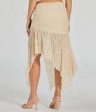 The Breezy Boho Sheer Lace Asymmetric Maxi Skirt is a trendy women's bottom in ivory, designed with modern details and alluring textures to complete chic outfits for 2025.