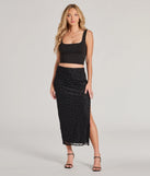 The Evening Perfection High-Rise Flocked Floral Maxi Skirt in black is a women's workwear essential with an elevated fabric and chic silhouette, ideal for layering and versatile enough to take your look from office chic to going-out ready!