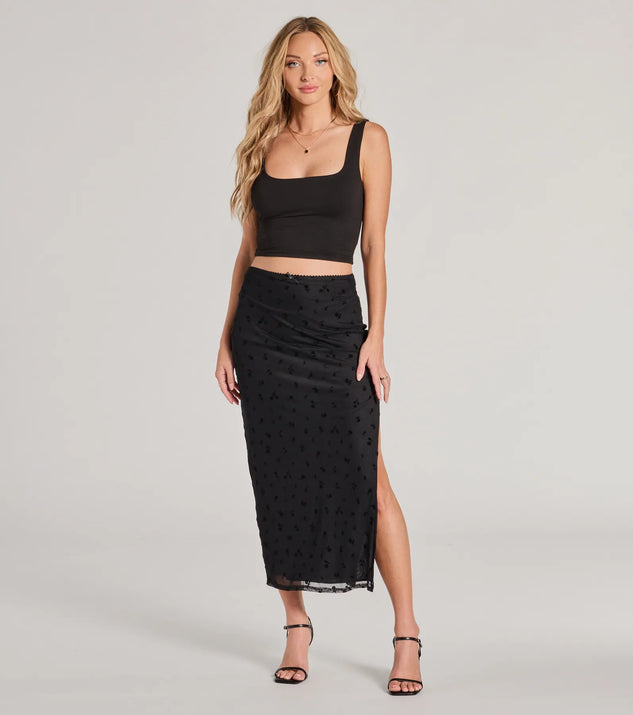 The Evening Perfection High-Rise Flocked Floral Maxi Skirt in black is a women's workwear essential with an elevated fabric and chic silhouette, ideal for layering and versatile enough to take your look from office chic to going-out ready!