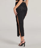 The Evening Perfection High-Rise Flocked Floral Maxi Skirt is a trendy women's bottom in black, designed with modern details and alluring textures to complete chic outfits for 2025.