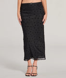 The Evening Perfection High-Rise Flocked Floral Maxi Skirt is a trendy women's bottom in black, designed with modern details and alluring textures to complete chic outfits for 2025.