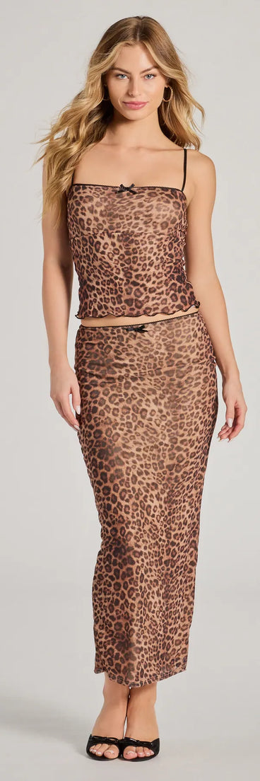 Effortlessly create party outfits or vacation-ready looks with the Forever Fierce Leopard Print and Bow Maxi Skirt, one part of a versatile women's leopard print matching set perfect for quick and easy outfit combinations from layering chic outfits to transitioning your look seamlessly.