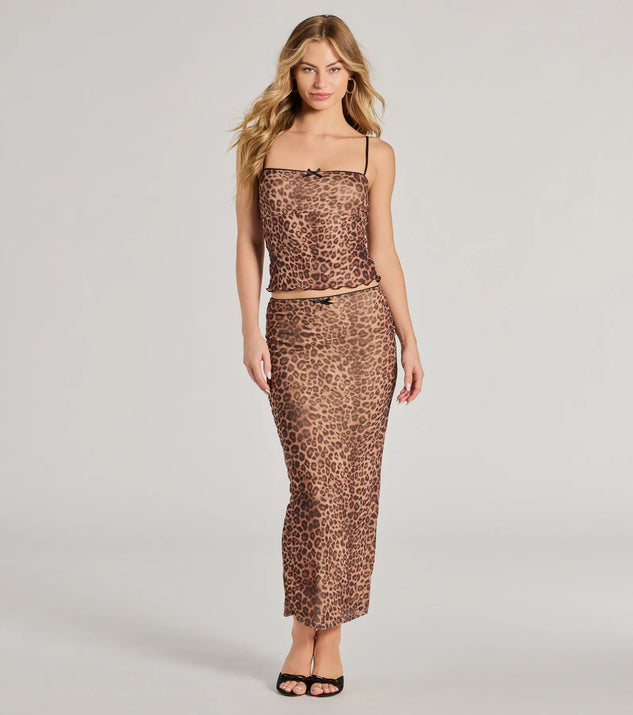 Effortlessly create party outfits or vacation-ready looks with the Forever Fierce Leopard Print and Bow Maxi Skirt, one part of a versatile women's leopard print matching set perfect for quick and easy outfit combinations from layering chic outfits to transitioning your look seamlessly.