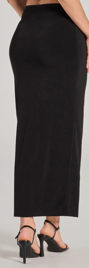 The Effortless Sleekness High Rise Slit Maxi Skirt is a trendy women's bottom in black, designed with modern details and alluring textures to complete chic outfits for 2025.