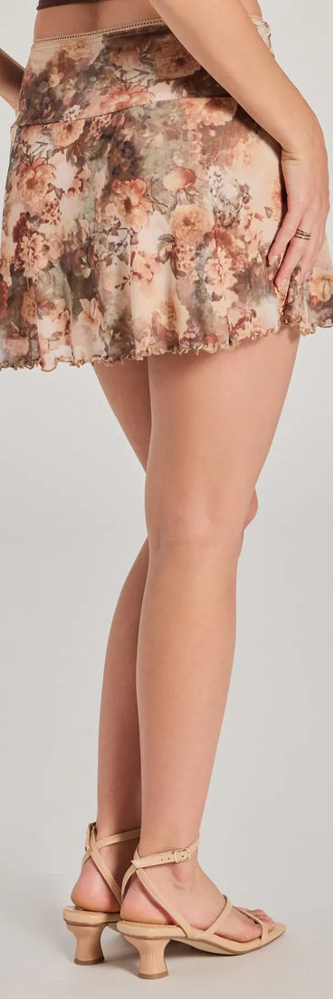 The Adorable In Floral Mesh Drop Waist Mini Skirt is a trendy women's bottom in brown, designed with modern details and alluring textures to complete chic outfits for 2025.