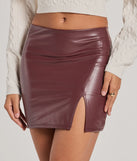 Create bold, fashion-forward looks for spring or summer with the Bold Allure Faux Leather Mini Skirt in wine, a must-have piece from Windsor’s collection of stylish bottoms for women.