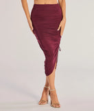 Effortlessly create party outfits or vacation-ready looks with the Sculpted Chic Ruched Midi Skirt, one part of a versatile women's plum matching set perfect for quick and easy outfit combinations from layering chic outfits to transitioning your look seamlessly.