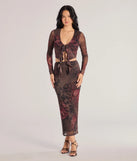 Effortlessly create party outfits or vacation-ready looks with the Wild Blossom Abstract Print Maxi Skirt, one part of a versatile women's brown matching set perfect for quick and easy outfit combinations from layering chic outfits to transitioning your look seamlessly.