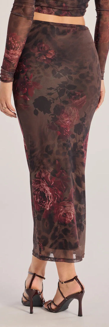 The Wild Blossom Abstract Print Maxi Skirt is a trendy women's bottom in brown, designed with modern details and alluring textures to complete chic outfits for 2025.
