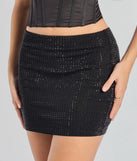 Create bold, fashion-forward looks for spring or summer with the Glitzy Sheen Rhinestone Knit Mini Skirt in black, a must-have piece from Windsor’s collection of stylish bottoms for women.