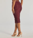 The Bright Vibes Ruched Rhinestone Midi Skirt is a trendy women's bottom in plum, designed with modern details and alluring textures to complete chic outfits for 2025.