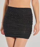 The Bright Vibes Ruched Rhinestone Mini Skirt is a trendy women's bottom in black, designed with modern details and alluring textures to complete chic outfits for 2025.