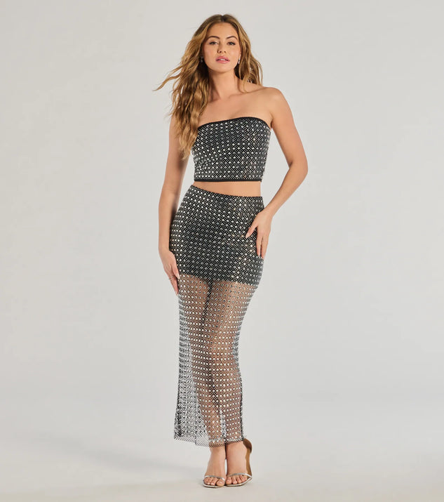 Serve effortless style and scroll-stopping energy in the All That Shines Rhinestone Fishnet Maxi Skirt, part of a black matching clothing set that does the work for you with bold, polished vibes from top to bottom.