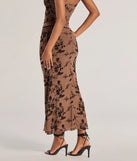 The Romantic Aura Flocked Floral Mesh Maxi Skirt is a trendy women's bottom in brown, designed with modern details and alluring textures to complete chic outfits for 2025.