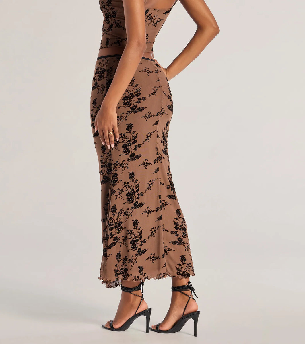 Floral Printed Mesh Bralette And Maxi Skirt Set