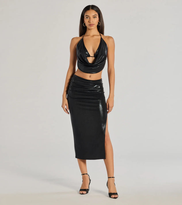 Create bold, fashion-forward looks for spring or summer with the Sultry Does It High Rise Midi Skirt in black, a must-have piece from Windsor’s collection of stylish bottoms for women.