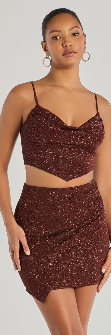 Serve effortless style and scroll-stopping energy in the Glowing Radiance Glitter Mini Skirt, part of a brown matching clothing set that does the work for you with bold, polished vibes from top to bottom.