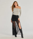 The Keep A Secret Lace Slit Maxi Skirt is a trendy women's bottom in black, designed with modern details and alluring textures to complete chic outfits for 2025.