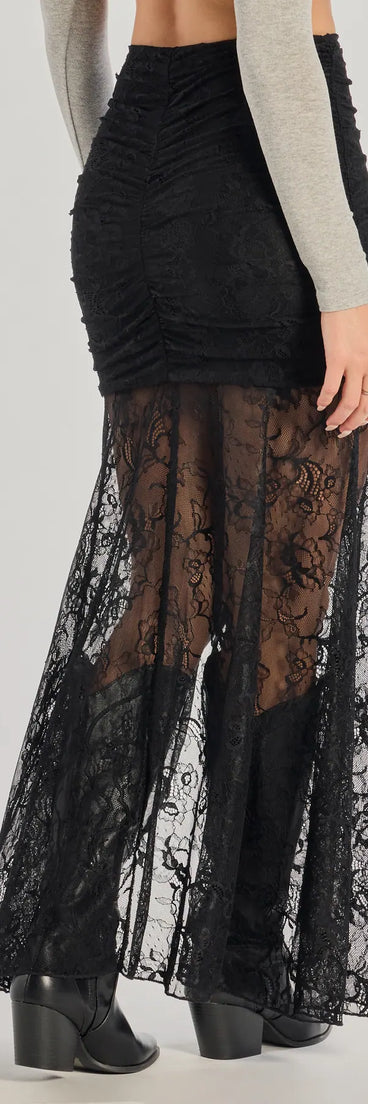 Designed for campus outfits, sleek workwear, and on-the-go moments, the Keep A Secret Lace Slit Maxi Skirt is a trendy black bottom for women bringing effortless fall versatility.
