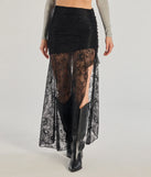 The Keep A Secret Lace Slit Maxi Skirt is a trendy women's bottom in black, designed with modern details and alluring textures to complete chic outfits for 2025.