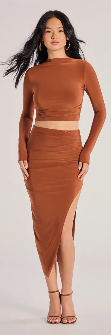 Effortlessly create party outfits or vacation-ready looks with the Bold Staple Ruched Asymmetrical Midi Skirt, one part of a versatile women's camel matching set perfect for quick and easy outfit combinations from layering chic outfits to transitioning your look seamlessly.