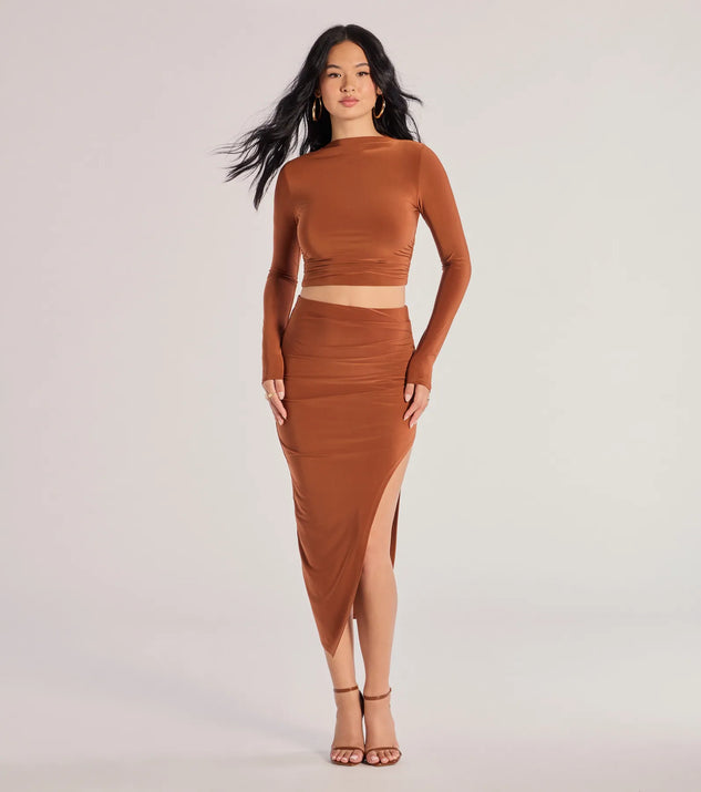 Effortlessly create party outfits or vacation-ready looks with the Bold Staple Ruched Asymmetrical Midi Skirt, one part of a versatile women's camel matching set perfect for quick and easy outfit combinations from layering chic outfits to transitioning your look seamlessly.