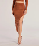 Effortlessly create party outfits or vacation-ready looks with the Bold Staple Ruched Asymmetrical Midi Skirt, one part of a versatile women's camel matching set perfect for quick and easy outfit combinations from layering chic outfits to transitioning your look seamlessly.