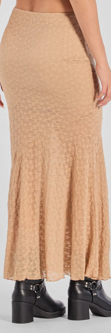 The Boho Beauty Floral Lace Maxi Skirt is a trendy women's bottom in taupe, designed with modern details and alluring textures to complete chic outfits for 2025.