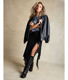 The Boho Style Sheer Lace Asymmetric Midi Skirt is a trendy women's bottom in black, designed with modern details and alluring textures to complete chic outfits for 2025.