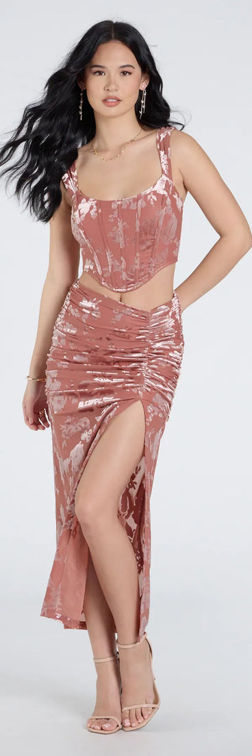 Serve effortless style and scroll-stopping energy in the Forever In Love Floral Velvet Burnout Midi Skirt, part of a rose matching clothing set that does the work for you with bold, polished vibes from top to bottom.