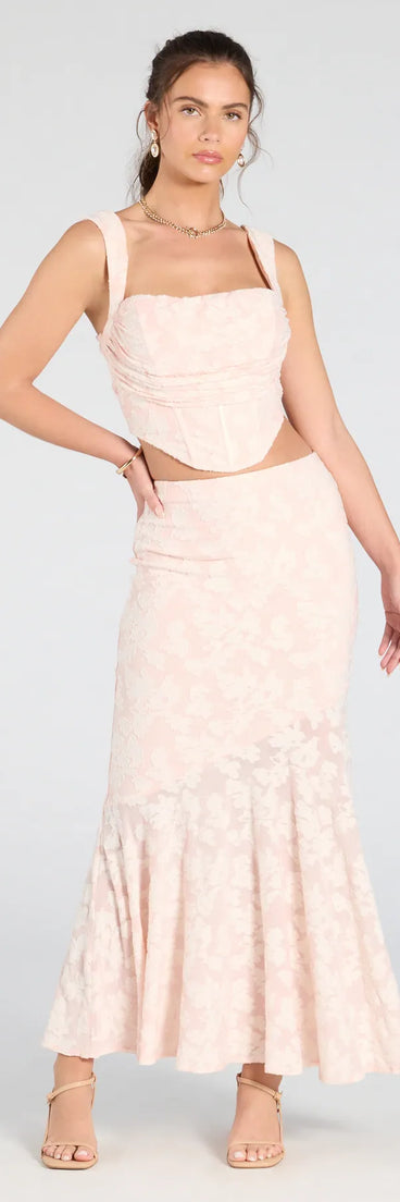 Serve effortless style and scroll-stopping energy in the Romance Me Floral Jacquard Maxi Skirt, part of a pink matching clothing set that does the work for you with bold, polished vibes from top to bottom.