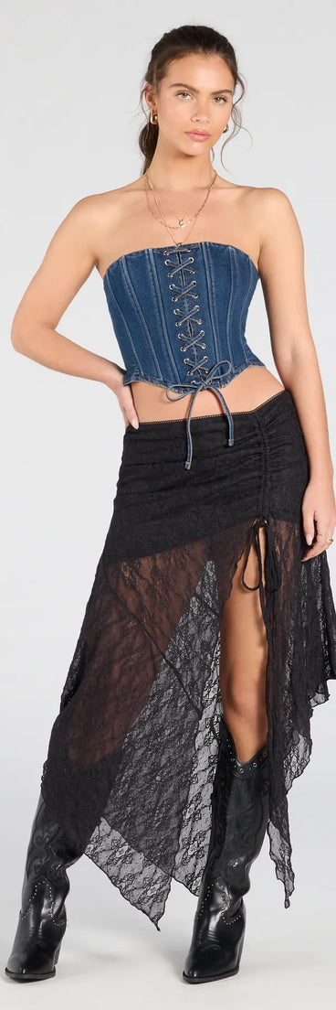 Create bold, fashion-forward looks for any event or for your page with the Breezy Boho Sheer Lace Asymmetric Maxi Skirt in black, a must-have piece from Windsor’s collection of stylish bottoms for women.