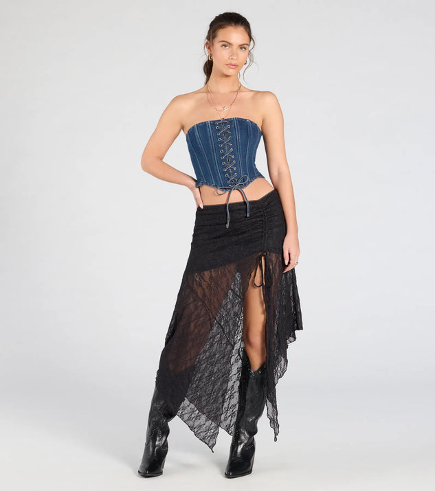 Create bold, fashion-forward looks for summer with the Breezy Boho Sheer Lace Asymmetric Maxi Skirt in black, a must-have piece from Windsor’s collection of stylish bottoms for women.