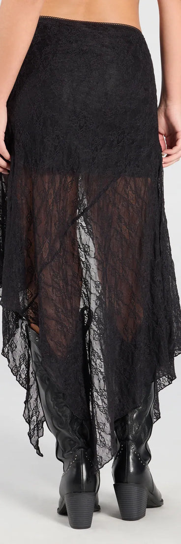 Designed for campus outfits, sleek workwear, and on-the-go moments, the Breezy Boho Sheer Lace Asymmetric Maxi Skirt is a trendy black bottom for women bringing effortless fall versatility.