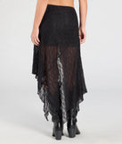 Create bold, fashion-forward looks for summer with the Breezy Boho Sheer Lace Asymmetric Maxi Skirt in black, a must-have piece from Windsor’s collection of stylish bottoms for women.