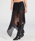 Create bold, fashion-forward looks for summer with the Breezy Boho Sheer Lace Asymmetric Maxi Skirt in black, a must-have piece from Windsor’s collection of stylish bottoms for women.
